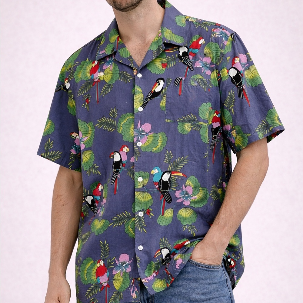 Vintage 90s Scorpio Made In USA Purple Hawaiian Toucan Button Down XL